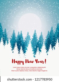 Vertical Merry Christmas and Happy New Year greeting card. Christmas tree winter landscape.