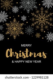Vertical Merry Christmas and Happy New Year greeting card with beautiful golden and white snowflakes on black background. Christmas design for banners, posters, massages, announcements. Space for text