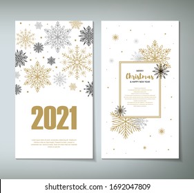 Vertical Merry Christmas and Happy New Year two side greeting card with beautiful golden snowflakes on white background. Design for social media stories, massages, announcements. Space for text