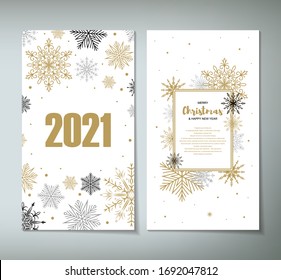 Vertical Merry Christmas and Happy New Year two side greeting card with beautiful golden snowflakes on white background. Design for social media stories, massages, announcements. Space for text