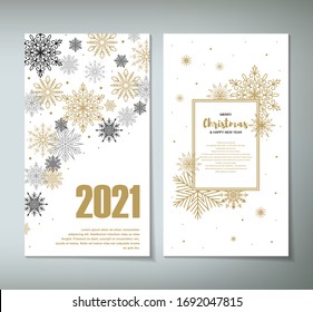 Vertical Merry Christmas and Happy New Year two side greeting card with beautiful golden snowflakes on white background. Design for social media stories, massages, announcements. Space for text