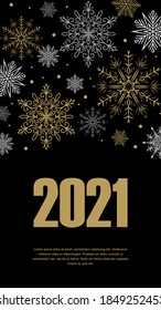 Vertical Merry Christmas and Happy New Year greeting card with beautiful golden and white snowflakes on black background. Space for text
