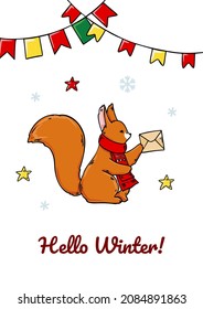 Vertical Merry Christmas and Happy New Year greeting card with a cute squirrel. Hand drawn vector illustration