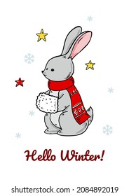 Vertical Merry Christmas and Happy New Year greeting card with a cute hare. Hand drawn vector illustration. Year of the rabbit