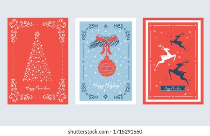 Vertical Merry Christmas and Happy Winter Holidays Cards with Fir Tree, Deer and Tree Ornamental Ball Vector Set