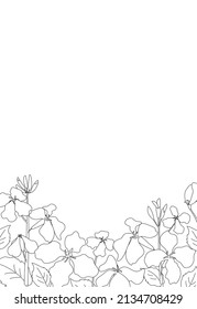 Vertical message card with spring flowers drawn with black line drawing on white background. Vector illustration.
