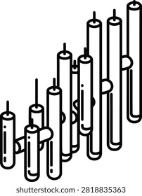Vertical Metal Wind Chime Pipes Forming Upward Financial Bar Graph Symbol With Consistent Line Weight and Minimalist Outline