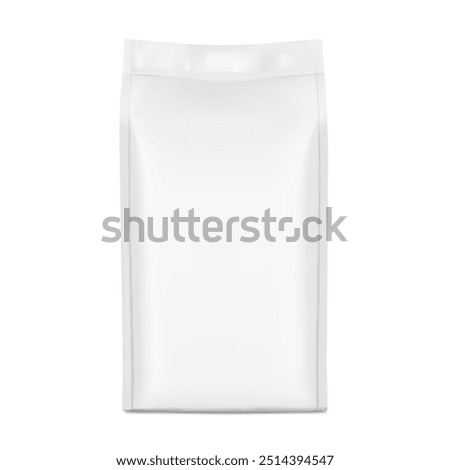 Vertical metallic bag mockup. Flat bottom gusset bag. Front view. High realistic. Vector illustration isolated on white background. Ready for use in presentation, promo, advertising and more. EPS10.