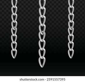 Vertical metallic silver chains with interconnected oval links, rendered realistically with highlights and shadows. Transparent checkered background makes them versatile for industrial, creative