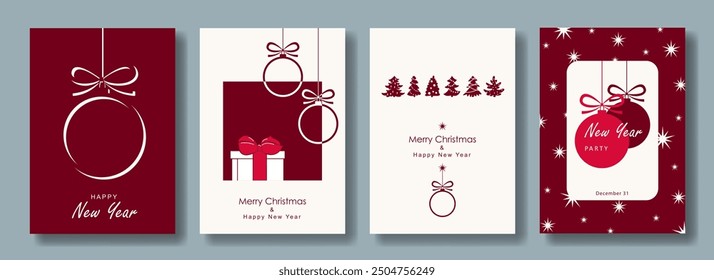 Vertical minimalist Christmas and New Year greeting card set with balls and trees of dark red and white colors. Vector template of modern minimal design with Merry Christmas and Happy New Year text.