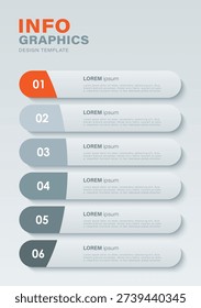Vertical minimalistic infographic layout with bright orange accents. 6 steps processes template for data visualization
