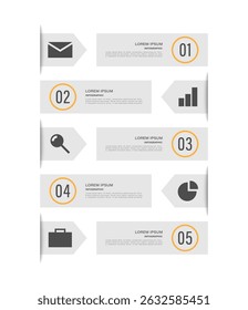 Vertical minimalistic infographic template with business icons and space for data. Five steps or processes