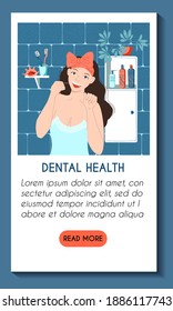 Plantilla de aplicación móvil vertical. Concepto de atención diaria de la salud dental. Mujer joven caucásica sonriente flotando sus dientes en el baño. Estilo de vida saludable. Ilustración plana vectorial de material.