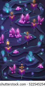Vertical mobile map scrolling user interface with crystal bush and check points. Background vector image for mobile game.