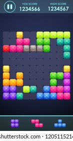 Vertical Mobile Phone Screen With Block Game Playing Process. Colorful Puzzle Elements On The Game Board. Vector GUI Illustration.
