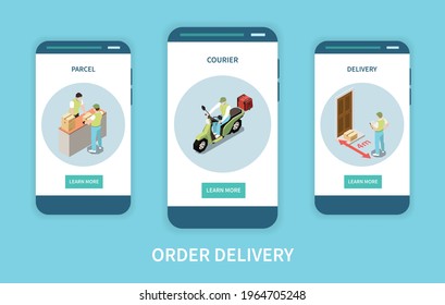 Vertical mobile website banners set with extradition of order and courier delivering parcel isometric isolated vector illustration