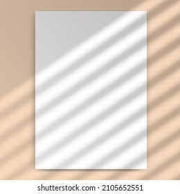 Vertical mock up of empty paper blank. Reflected blinds shadow from window. Realistic silhouette effect background. Vector