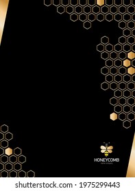 Vertical Modern black background with golden honeycomb. Geometric gold hexagons. background with copy space for text. vector Illustration.  layout design template