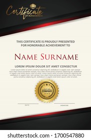 Vertical modern certificate template with black and dark red lines style effect on texture pattern background,