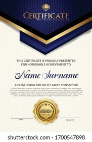 Vertical modern certificate template with dark blue lines and halftone style effect on texture pattern background,