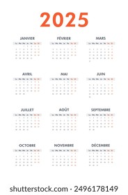 Vertical modern classic calendar for 2025 on French language. Week starts on Monday. Desk or wall calendar in minimalist style