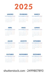 Vertical modern classic calendar for 2025 on portuguese language. Week starts on Monday. Desk or wall calendar in minimalist style