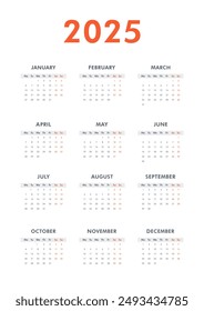 Vertical modern classic calendar A4 for 2025 year. Week starts on Monday. Desk or wall calendar in minimalist style