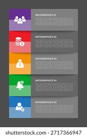 Modelo infográfico de design moderno vertical com processos de cinco etapas. Layout de infográfico financeiro e de negócios para visualização de dados