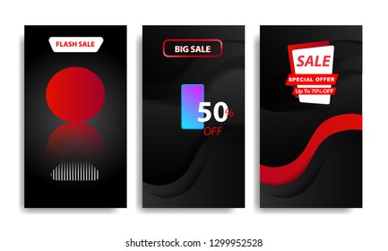 Vertical modern fluid template design background with gradient red, black and vibrant violet color for sale promotion. Suitable for social media stories, story, web banner, flyer,poster and brochure.