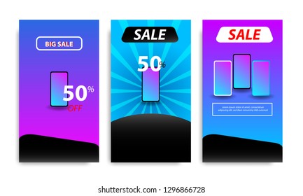 Vertical modern futuristic background in frame template with gradient blue, pink, purple gradation and red. Suitable for social media stories, story, web banner, flyer and brochure.