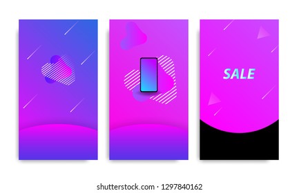 Vertical modern futuristic background template with gradient blue, pink, purple gradation for promotional page. Suitable for social media stories, story, internet web banner, flyer and brochure.