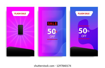 Vertical modern futuristic background template with gradient blue, pink, purple gradation for promotional page. Suitable for social media stories, story, internet web banner, flyer and brochure.