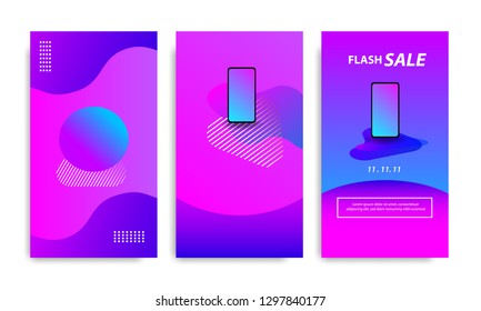 Vertical modern futuristic background template with gradient blue, pink, purple gradation for promotional page. Suitable for social media stories, story, internet web banner, flyer and brochure.