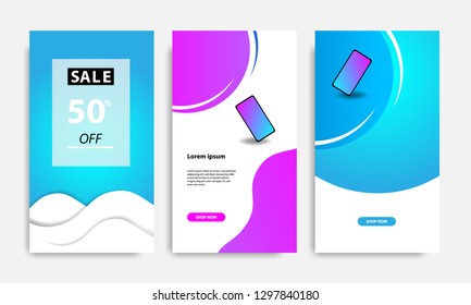 Vertical modern futuristic background template with gradient blue, pink, purple gradation for promotional page. Suitable for social media stories, story, internet web banner, flyer and brochure.