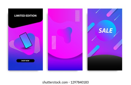 Vertical modern futuristic background template with gradient blue, pink, purple gradation for promotional page. Suitable for social media stories, story, internet web banner, flyer and brochure.