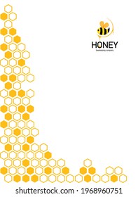 Vertical Modern Honeycomb orange background. Corner border of geometric hexagons with cute bee. background with white space for text. vector Illustration.  