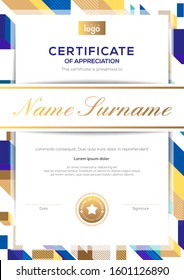 vertical modern luxury certificate of completion template with gold and blue abstract cube shape graphic background