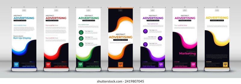 vertical modern Roll up banner for show display mock up, presentation, events, exhibition, trade, advertising designs in blue, red, green, orange, purple, pink and yellow print ready colors
