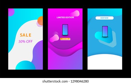 Vertical modern wave fluid background template with gradient blue, pink, purple gradation for promotional. Suitable for social media stories, story, internet web banner, flyer,poster and brochure.