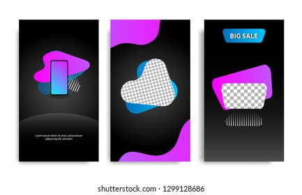 Vertical modern wave fluid background template with gradient blue, pink, purple twilight for sale promotional. Suitable for social media stories, story, internet web banner, flyer,poster and brochure.