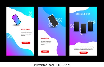 Vertical modern wave fluid background template with gradient blue, pink, purple gradation for promotional. Suitable for social media stories, story, internet web banner, flyer,poster and brochure.