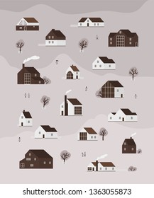 Vertical monochrome banner with living houses or cottages of modern Scandinavian architecture and walking people. Background with suburban residential buildings. Flat cartoon vector illustration.