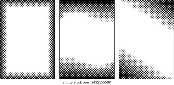 Vertical monochrome halftone dotted frames set. Halftone dots pattern. Simple clean manga style background border. Monochrome dot gradient frames. Blanc place for text in the middle.