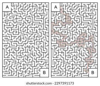 Vertical Monochrome Vector Maze Illustration: Navigate Your Way from Point A to Point B in a Rectangular Labyrinth