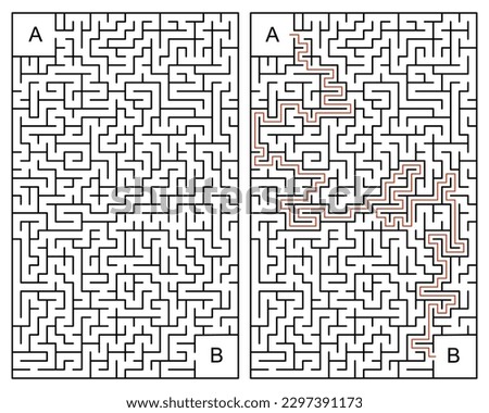 Vertical Monochrome Vector Maze Illustration: Navigate Your Way from Point A to Point B in a Rectangular Labyrinth