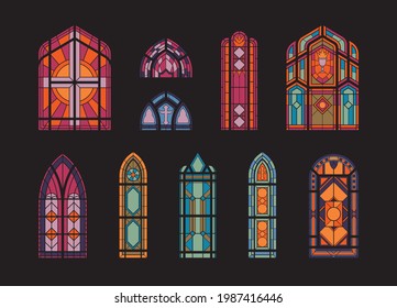 Vertical Mosaic Windows Of A Church On A Dark Background Flat Vector Illustration