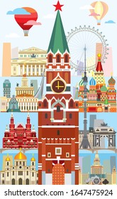 Vertical Moscow skyline travel illustration with main architectural landmarks in flat style. Moscow city landmarks, colorful russian tourism and journey vector background.