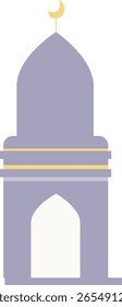Ilustración de la torre de la mezquita de Vertical en púrpura con una media luna dorada, adecuada para tarjetas de felicitación islámicas o fondos de Ramadán.