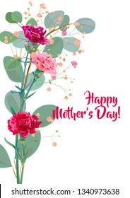 Vertical Mother's Day card with carnation: red, pink, flowers, twigs gypsophile, leaves eucalyptus, white background. Templates for design, vintage botanical illustration in watercolor style, vector