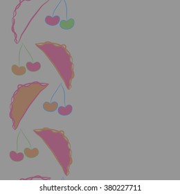 Vertical motif, doodles,fruits, cherries, dumplings, seamless, copy space. Hand drawn.